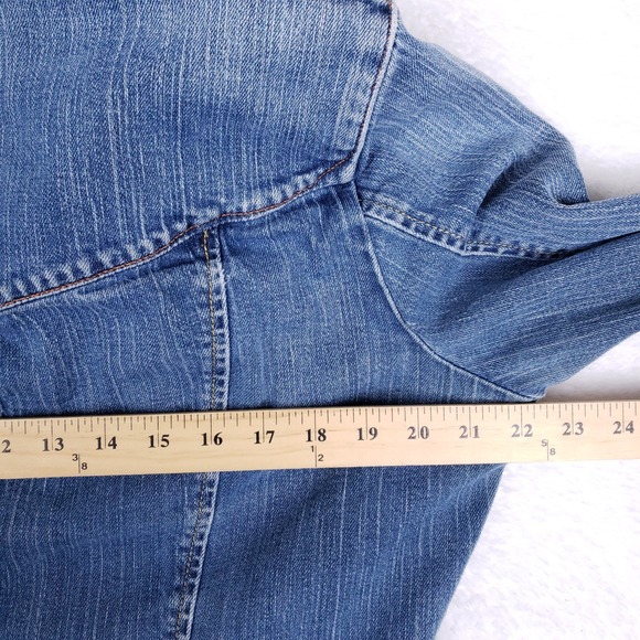 Gap Denim Jacket Fitted Trucker Style XL Blue Distressed Vintage 2000s Y2K - Picture 9 of 10